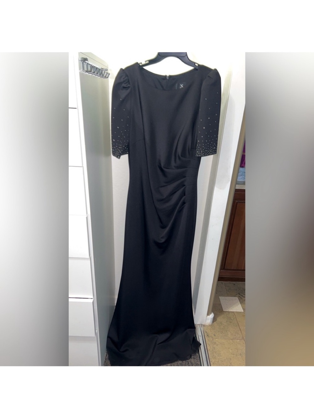 Xscape Black Evening Gown with Embellished Puff Sleeves